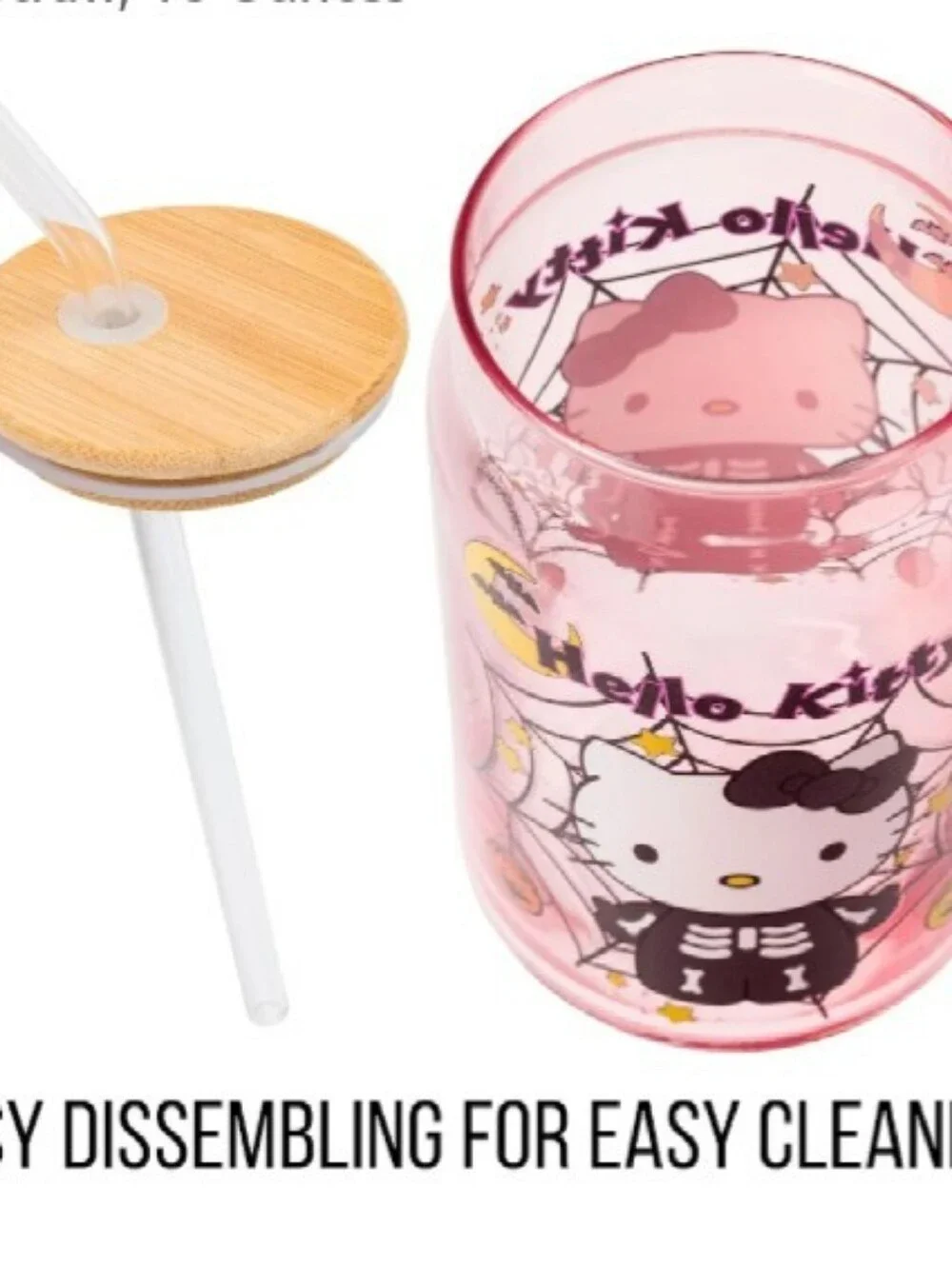 Hello Kitty Pink Halloween Glass Tumbler with Straw and Bamboo Lid